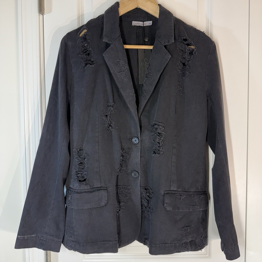 Carmar Los Angeles Distressed 2-Button Black Blazer Jacket Women's Size Med NWT